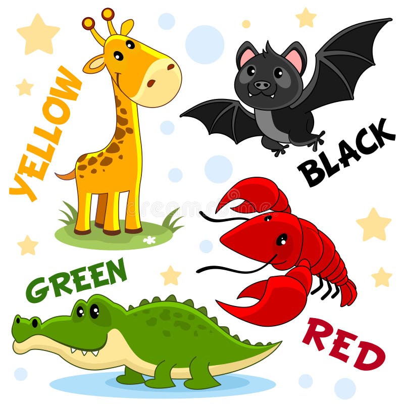 The Colors are Black Bat, Yellow Giraffe, Green Crocodile, Red Crab. Stock  Vector - Illustration of rainbow, objects: 140488927