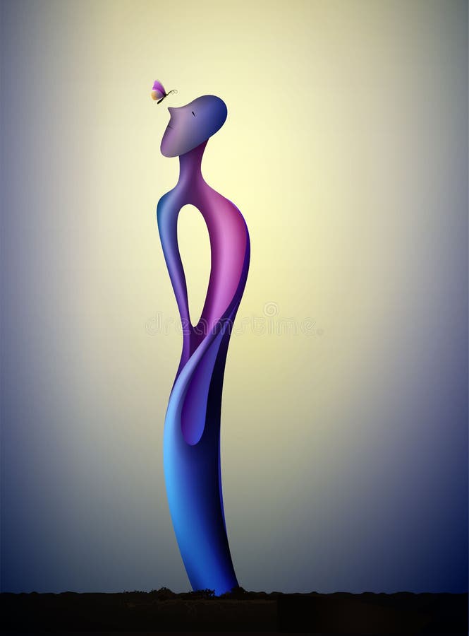Colors and shape of emotions concept, human feels happiness, abstract man shape with butterfly, surrealism vector illustration Colors and shape of emotions concept, human feels happiness, abstract man shape with butterfly, surrealism vector illustration