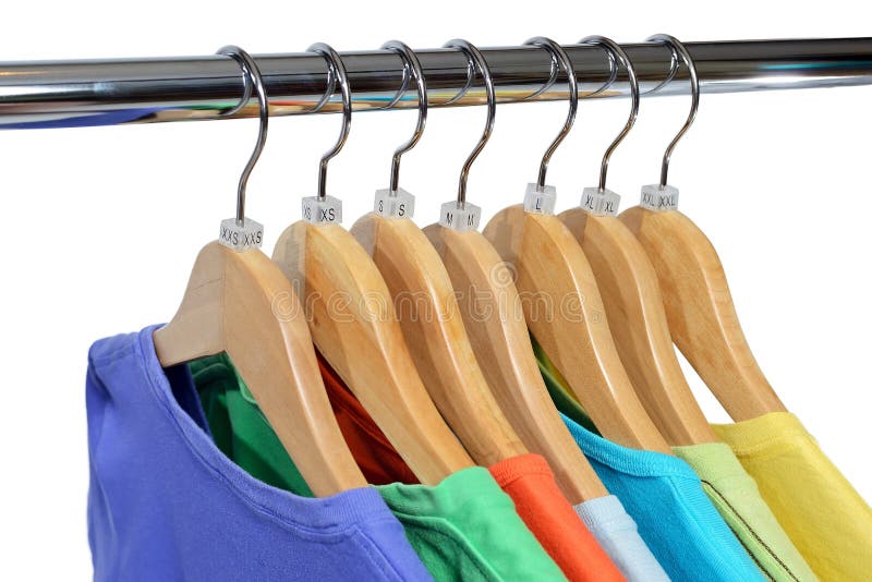 Colors T-shirts Hang on Closing Rack Isolated on White Stock Image ...