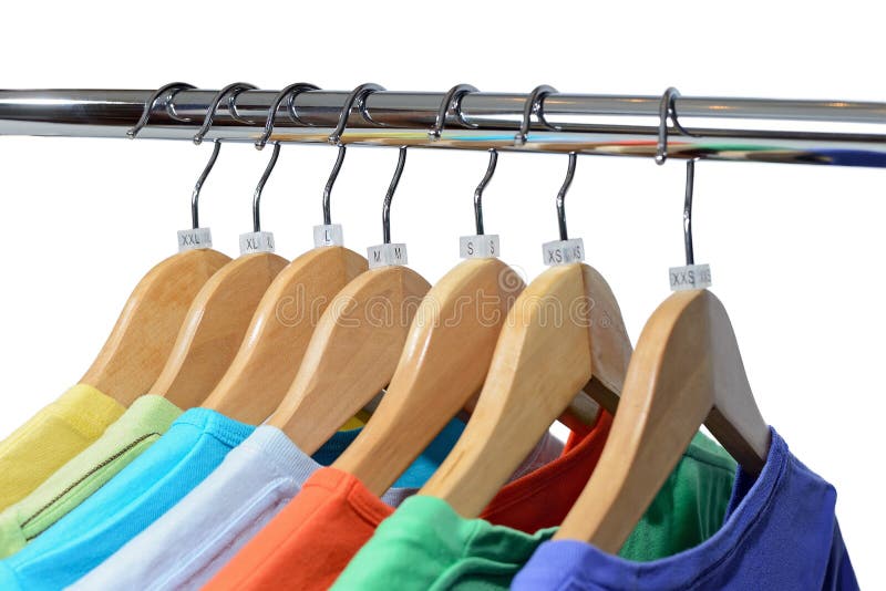 Colors T-shirts Hang on Closing Rack Isolated on White Stock Photo ...