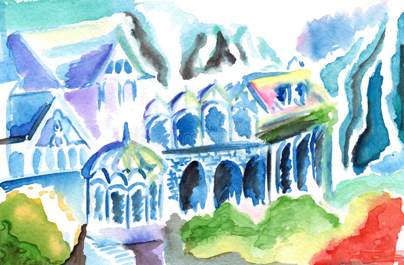 Colorés abstraits d'imagination elven des bâtiments de ville de royaume illustration de vecteur Colorés abstraits d'imagination elven des bâtiments de ville de royaume illustration de vecteur