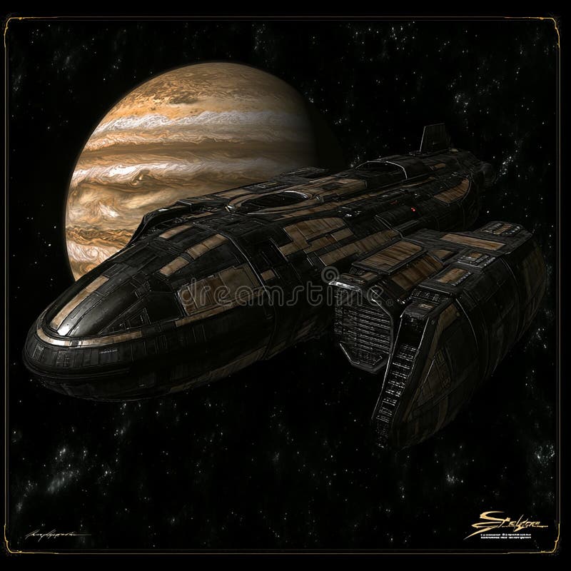 Colossal Alien Spacecraft Parked in the Shadow of an Unknown Planet stock images