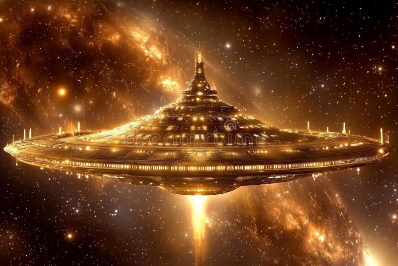 Colossal Alien Spacecraft Parked in the Shadow of an Unknown Planet stock photos