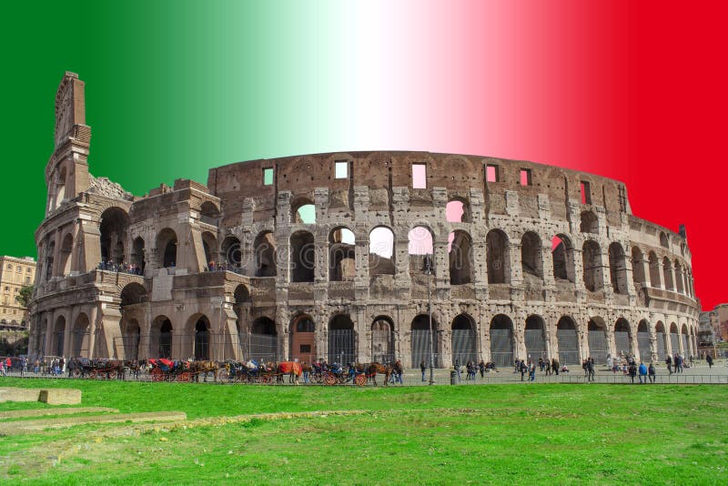 Colosseum building in Rome city. Abstract Italy flag in background