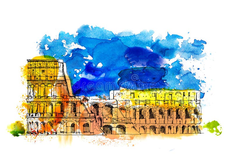 Colosseum in Rome, Italy. Sketch with colourful water colour effects. Rome Italy