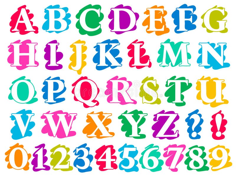 Colour doodle splash alphabet letters and digits complete in uppercase with white lettering each on a different single colour splash background, illustration isolated on white. Colour doodle splash alphabet letters and digits complete in uppercase with white lettering each on a different single colour splash background, illustration isolated on white