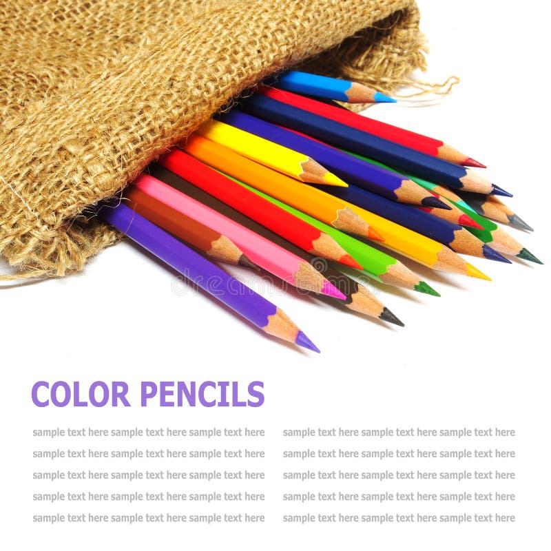 Colour Pencils in a Bag Isolated on White Background Stock Photo Image of purple, sketching