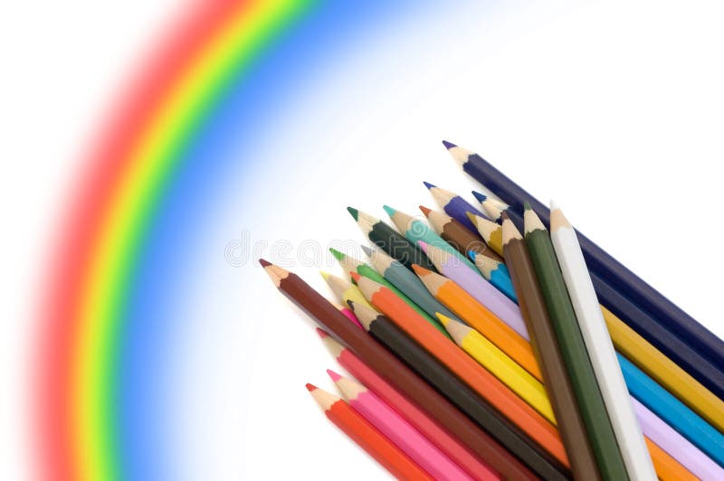 Creioane colorate și curcubeu stock images