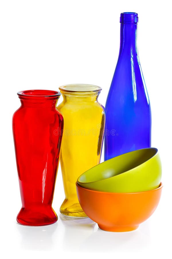 Coloured Ceramic Cups, Glass Bottle and Vases Stock Image Image of