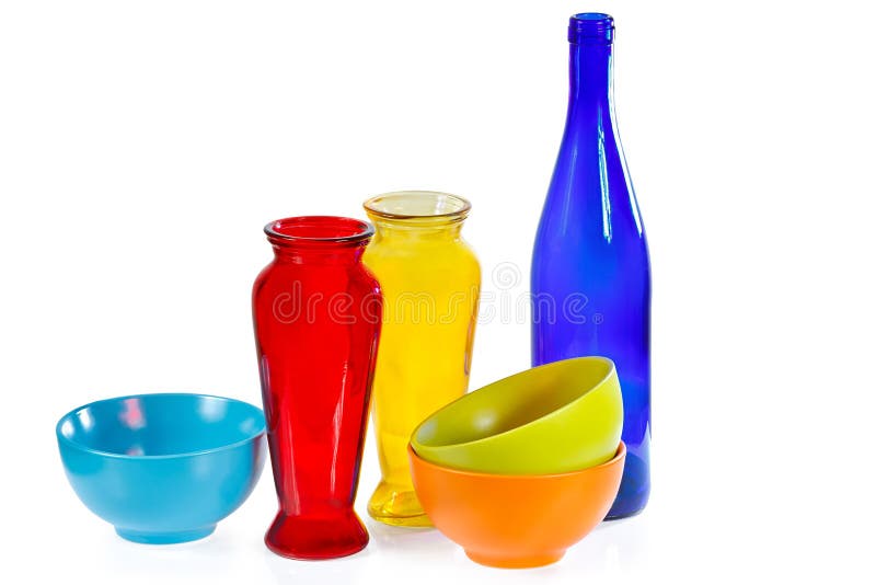 Coloured Ceramic Cups, Glass Bottle and Vases Stock Image Image of