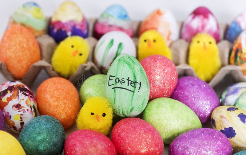 Coloured Easter Eggs and Baby Toy Chicks Stock Photo Image of colour, colours 140592960