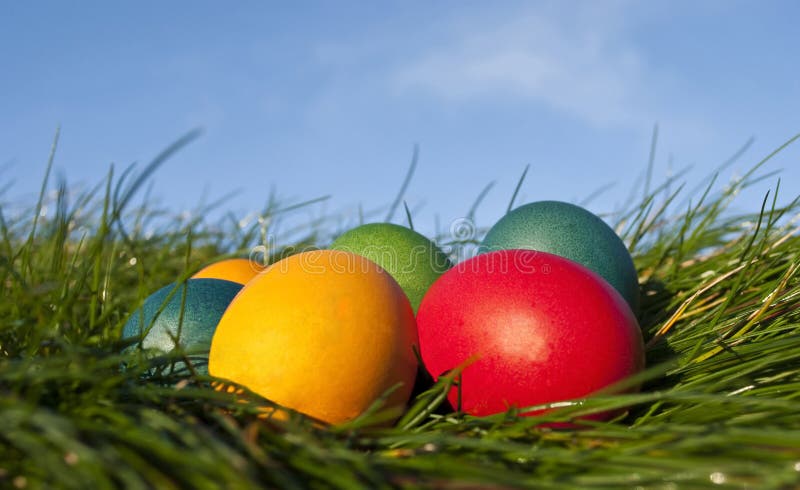 Coloured Easter Eggs on Grass with Blue sky