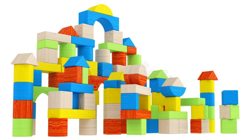 Colourful array of different shaped building blocks in geometric shapes including triangles, tubular, curved and arched for teaching a child creativity and design isolated on white. Interlock structure illustrations
