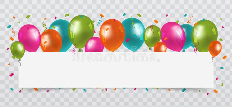 Colourful Balloons with confetti and streamers white Paper free Space. Transparent background. Birthday, Party and Carnival Vector