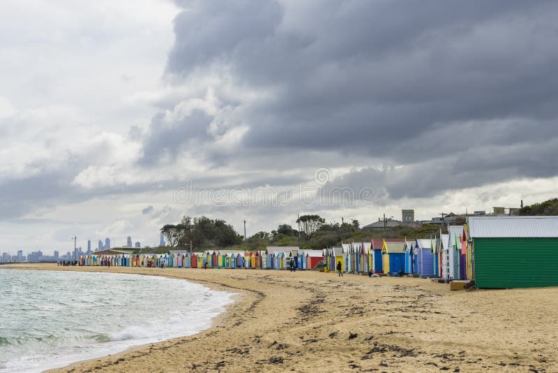 Colourful bathing houses at Dendy Street Beach, Brighton in Melbourne stock images Colourful bathing houses at Dendy Street Beach, Brighton in Melbourne stock images