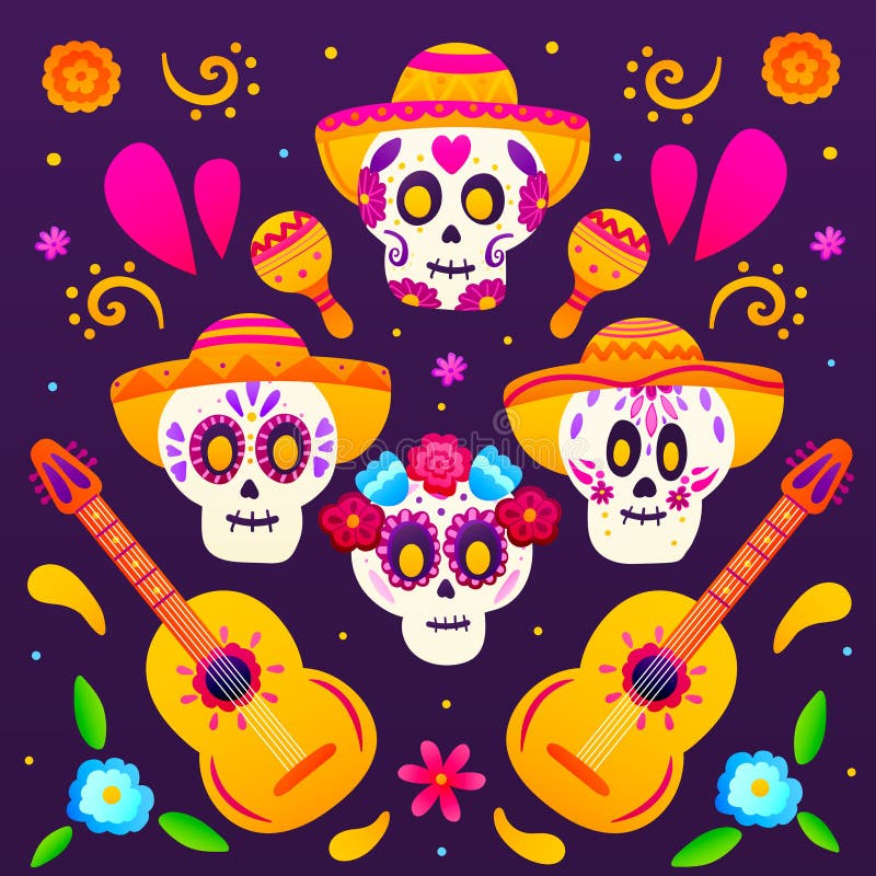 Barevný blahopřejná pohlednice, náměstí složení cukr lebky, květina prvky, sombrera a hudební přístroje, šťastný z mrtvý, mexičan oslava.