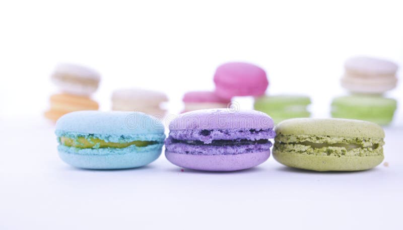 Colourful french macaroons or macaron on white background, Dessert royalty free stock photos Colourful french macaroons or macaron on white background, Dessert royalty free stock photos