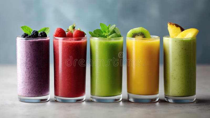 Colourful Fresh Fruit Smoothies with Natural Toppings stock illustration