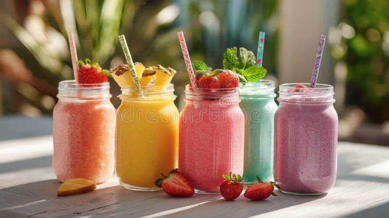 Colourful Fruit Smoothies in Glass Mason Jars vector illustration