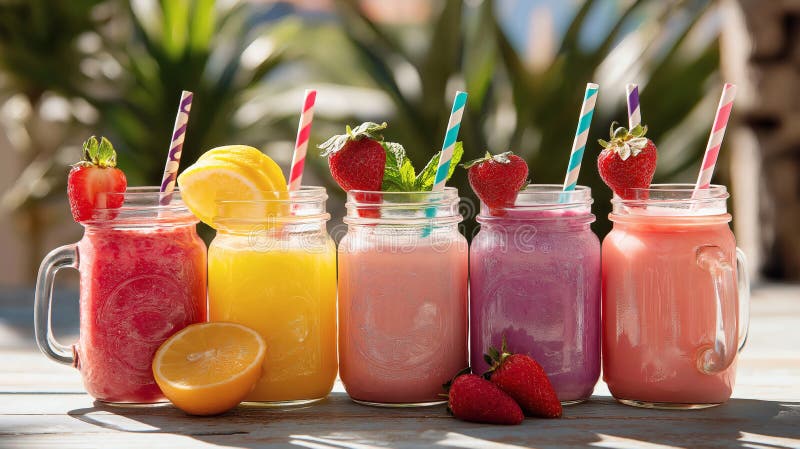 Colourful Fruit Smoothies in Mason Jars with Fresh Garnishes royalty free illustration