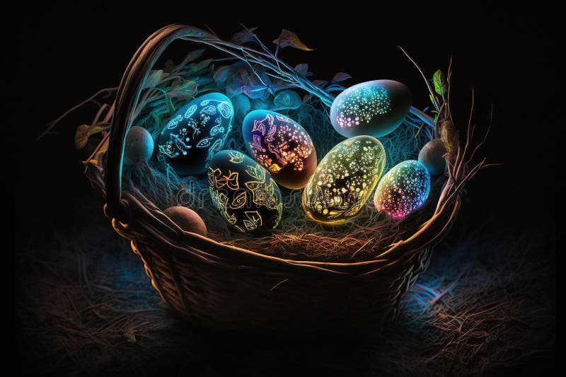Colourful glowing easter eggs in a basket vector illustration