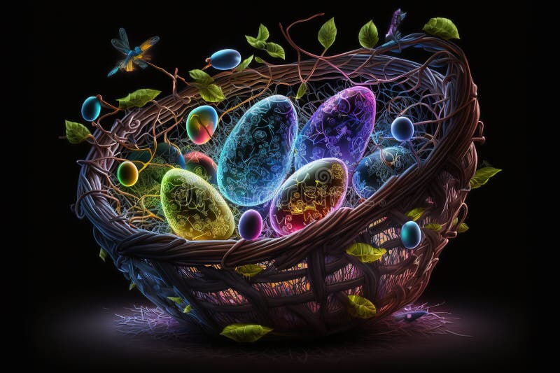 Colourful glowing easter eggs in a basket royalty free illustration