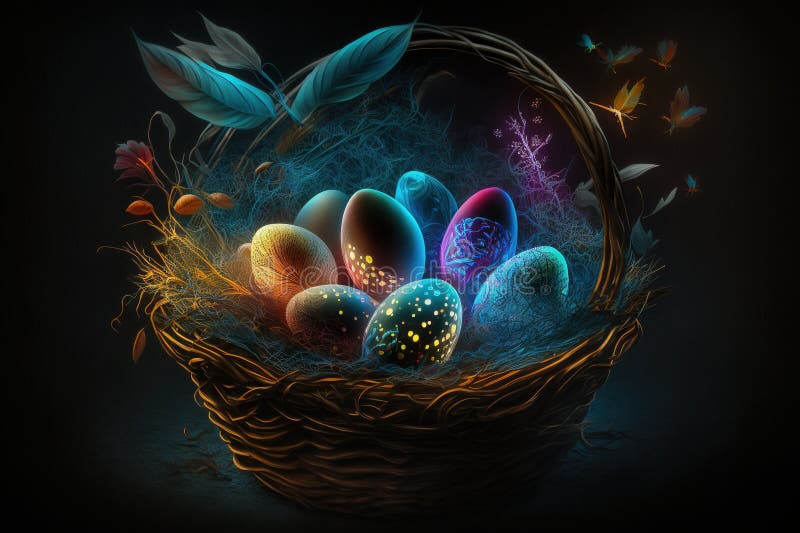Colourful glowing easter eggs in a basket vector illustration