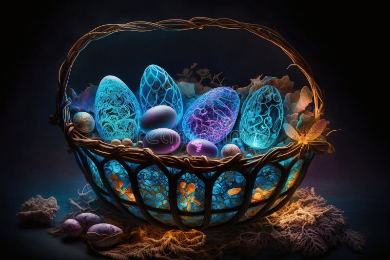 Colourful glowing easter eggs in a basket vector illustration