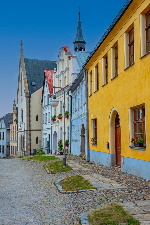 Colourful houses in czech town polna image stock afbeelding