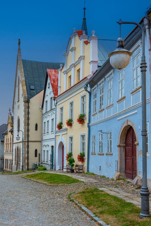 Colourful houses in czech town polna image stock foto's