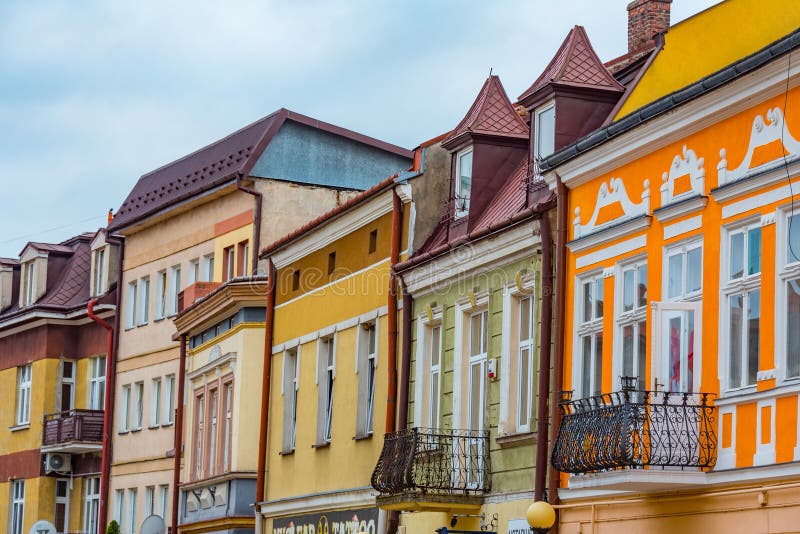 Colourful houses in sanok poland polandimage stock foto's