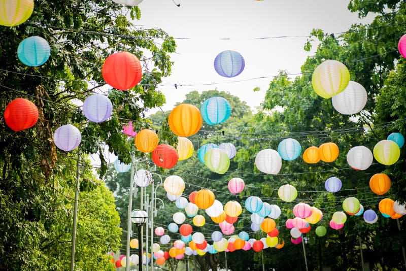 Colourful Paper Lantern hanging with trees and sky in the background