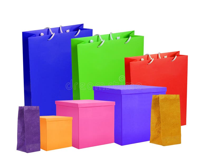 Colourful Paper Shopping Bags and Boxes Isolated on White Stock Photo