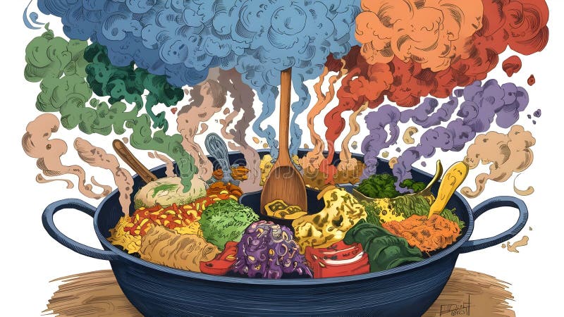 Fum colorat provenit din bolul alimentar cu lingură de lemn. stock illustration