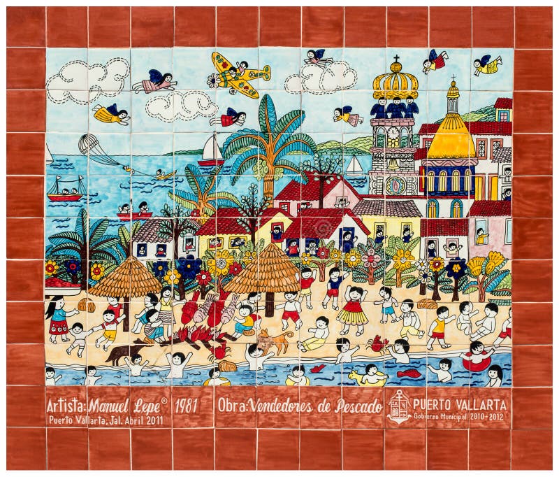 Collection of colourful tiles on the Malecon in Puerto Vallarta