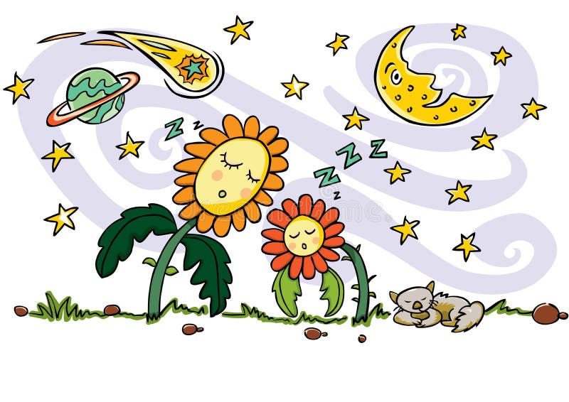 Colourful vector drawing. Cute sleeping sun flowers, cat, crescent moon, planet, comet and shooting stars elements stock illustration