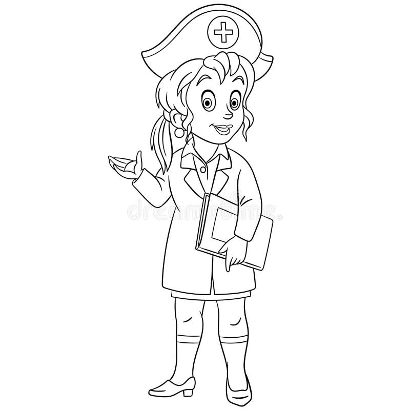Coloring Page With Nurse Female Doctor Stock Vector