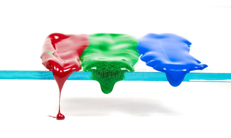 Dripping wax of three primary colours on transparent glass. Dripping wax of three primary colours on transparent glass