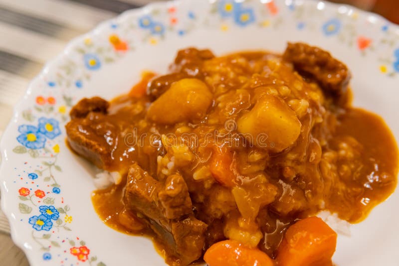 Colpo alto vicino di curry sul riso fotografie stock libere da diritti Colpo alto vicino di curry sul riso fotografie stock libere da diritti