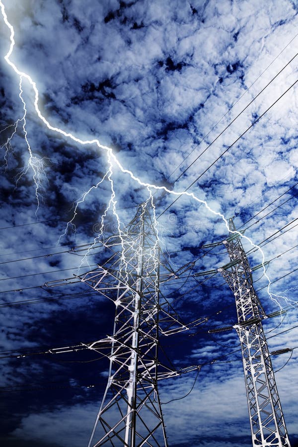 Lightning strike to high voltage power line pillar. Lightning strike to high voltage power line pillar