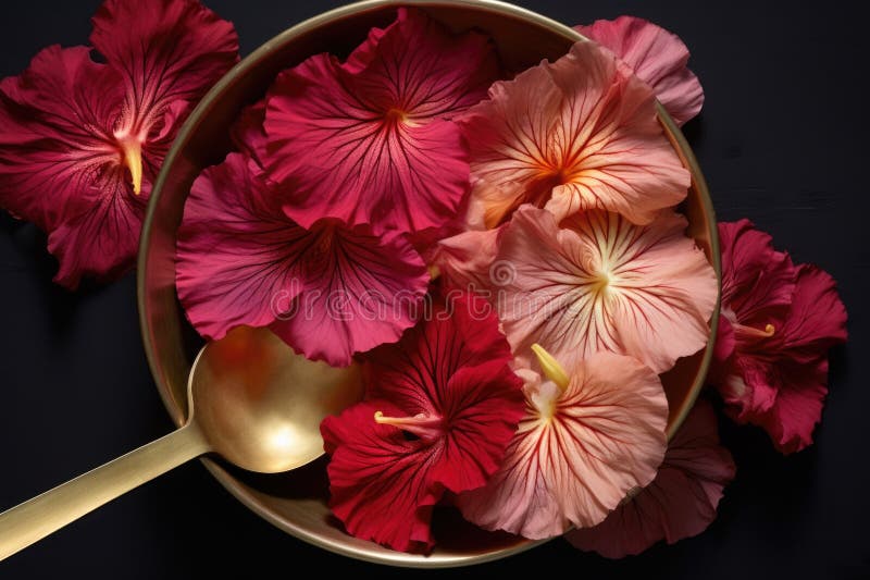 Colpo di testa di petali di ibisco in uno scoop di ottone royalty illustrazione gratis