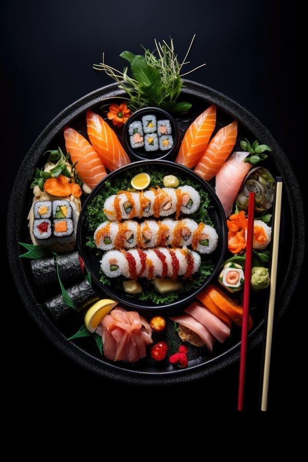 Colpo di testa di un sushi su una piastra nera illustrazione vettoriale