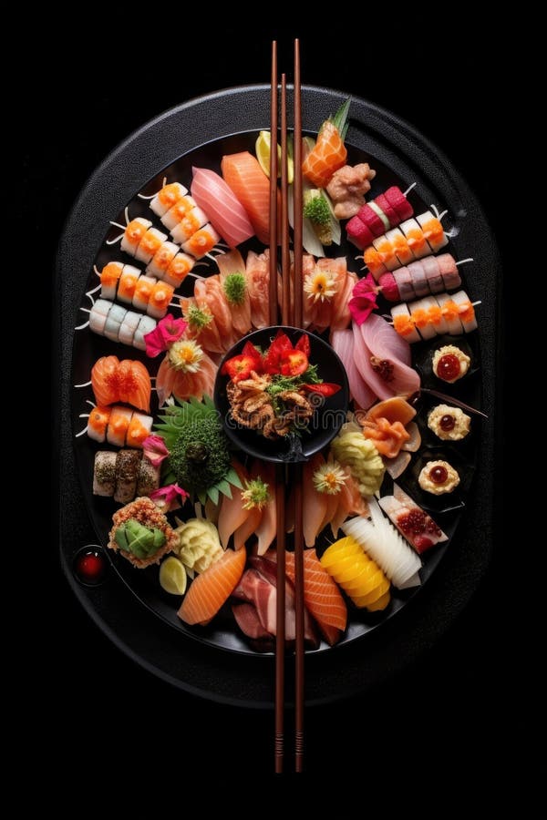Colpo di testa di un sushi su una piastra nera illustrazione di stock
