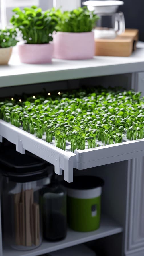 Sistema di coltivazione indoor con vassoi verdi impilati sotto la luce, agricoltura ridefinita per l'uso in cucina, agricoltura re immagini stock libere da diritti