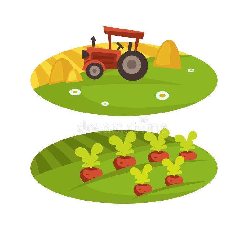 Coltivi il campo ed il trattore del raccolto dell'agricoltura con il terreno coltivabile piano del fumetto di vettore del fieno d illustrazione di stock Coltivi il campo ed il trattore del raccolto dell'agricoltura con il terreno coltivabile piano del fumetto di vettore del fieno d illustrazione di stock