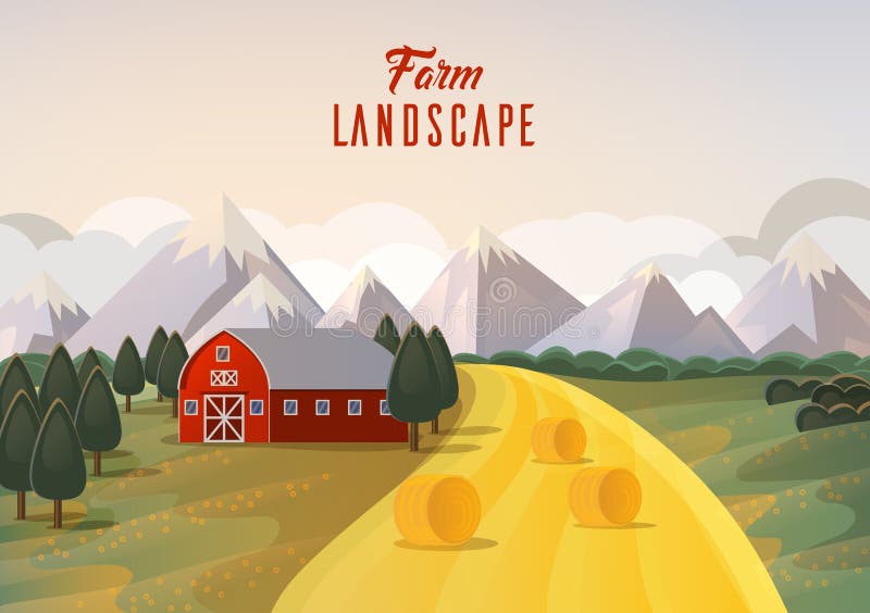 Coltivi il panorama del paesaggio con il giacimento e la montagna di grano del fieno illustrazione di stock Coltivi il panorama del paesaggio con il giacimento e la montagna di grano del fieno illustrazione di stock