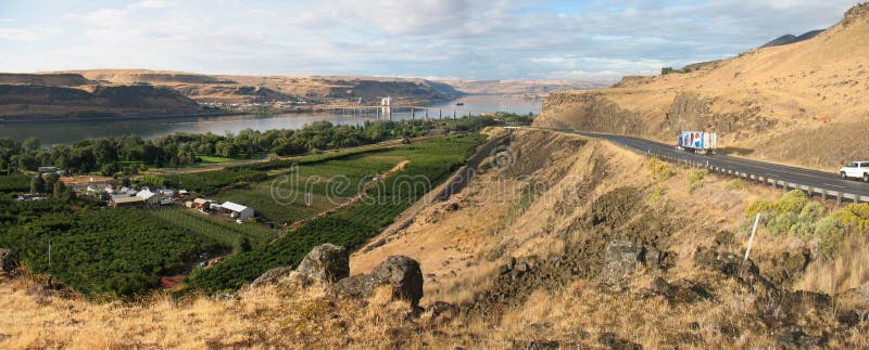 Columbia River Gorge. Highway approach to the Columbia River Gorge from the Washington side of the river, near Maryhill State Park stock image Columbia River Gorge. Highway approach to the Columbia River Gorge from the Washington side of the river, near Maryhill State Park stock image