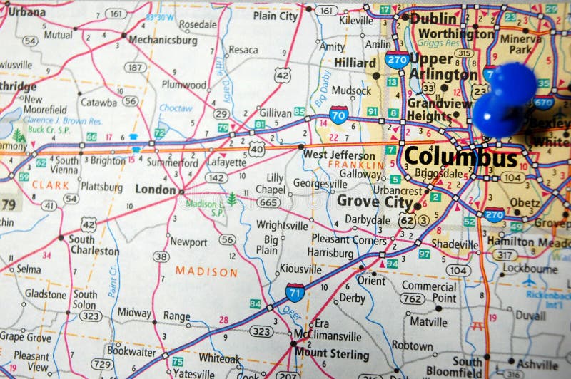 A map of Columbus, Ohio marked with a push pin.