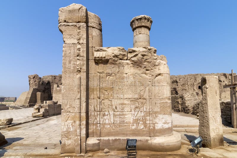 Columns with hieroglyphs and polychromy at Edfu Temple, Dedicated to the Falcon God Horus, Located on the west bank of the Nile