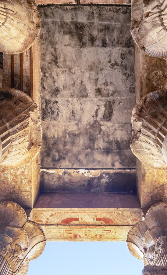 Columns with hieroglyphs and polychromy at Edfu Temple, Dedicated to the Falcon God Horus, Located on the west bank of the Nile